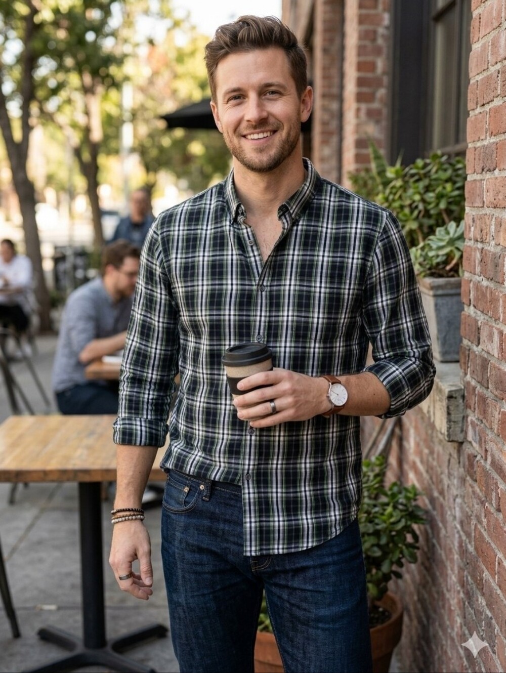 7 Diamonds Men's Black, Green and White Plaid Button-Down Shirt